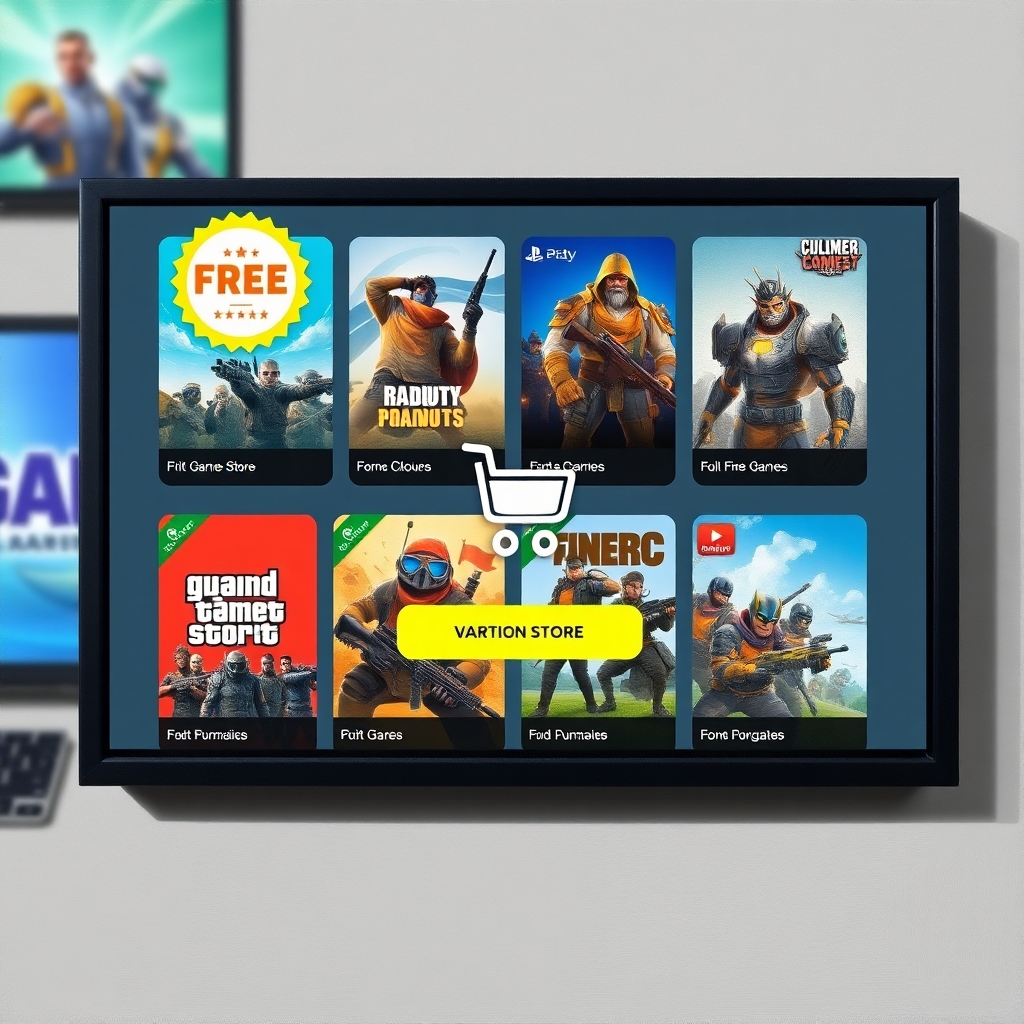 A digital storefront interface showing multiple game covers with a prominent 'FREE' badge, a shopping cart icon, and a 'Claim