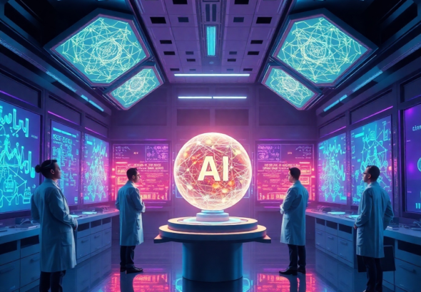 A futuristic, sleek laboratory setting with holographic displays showing complex AI neural networks, researchers in lab coats observing glowing data streams, a central glowing sphere representing AGI, deep blue and purple lighting, high-tech, cinematic, ultra realistic, highly detailed, 8k quality, photorealistic