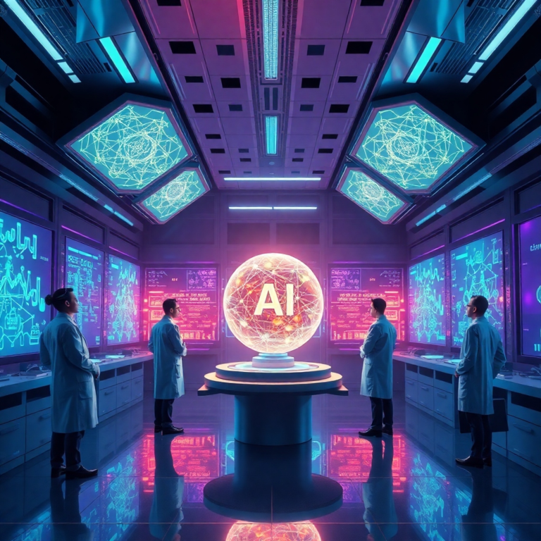A futuristic, sleek laboratory setting with holographic displays showing complex AI neural networks, researchers in lab coats observing glowing data streams, a central glowing sphere representing AGI, deep blue and purple lighting, high-tech, cinematic, ultra realistic, highly detailed, 8k quality, photorealistic