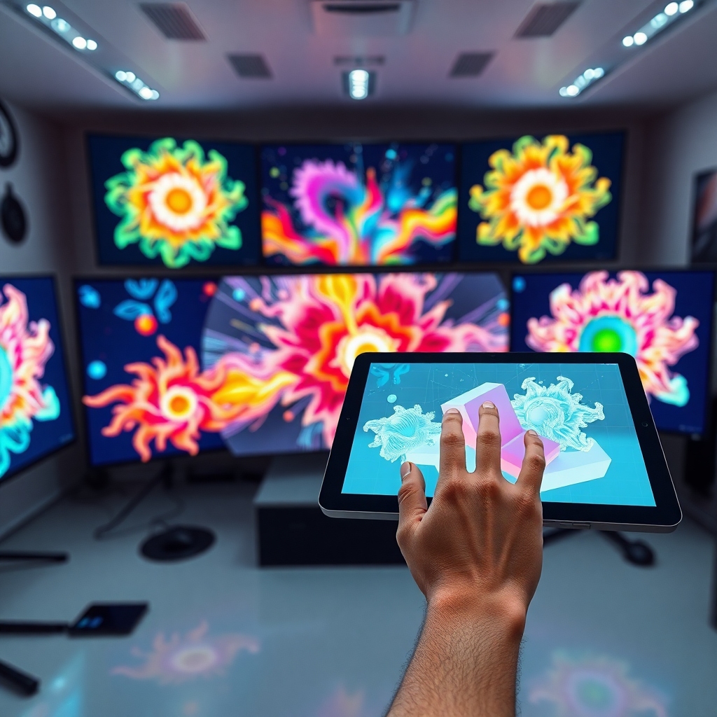 rise - A digital artist's studio with multiple screens displaying evolving generative art, a sleek tablet showing 3D models b