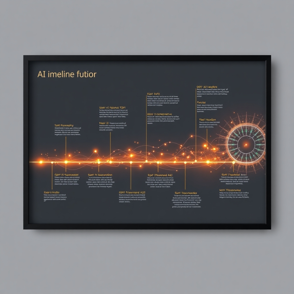rise - A timeline infographic stretching from current AI models to a future AGI, showing milestones, research papers, and key