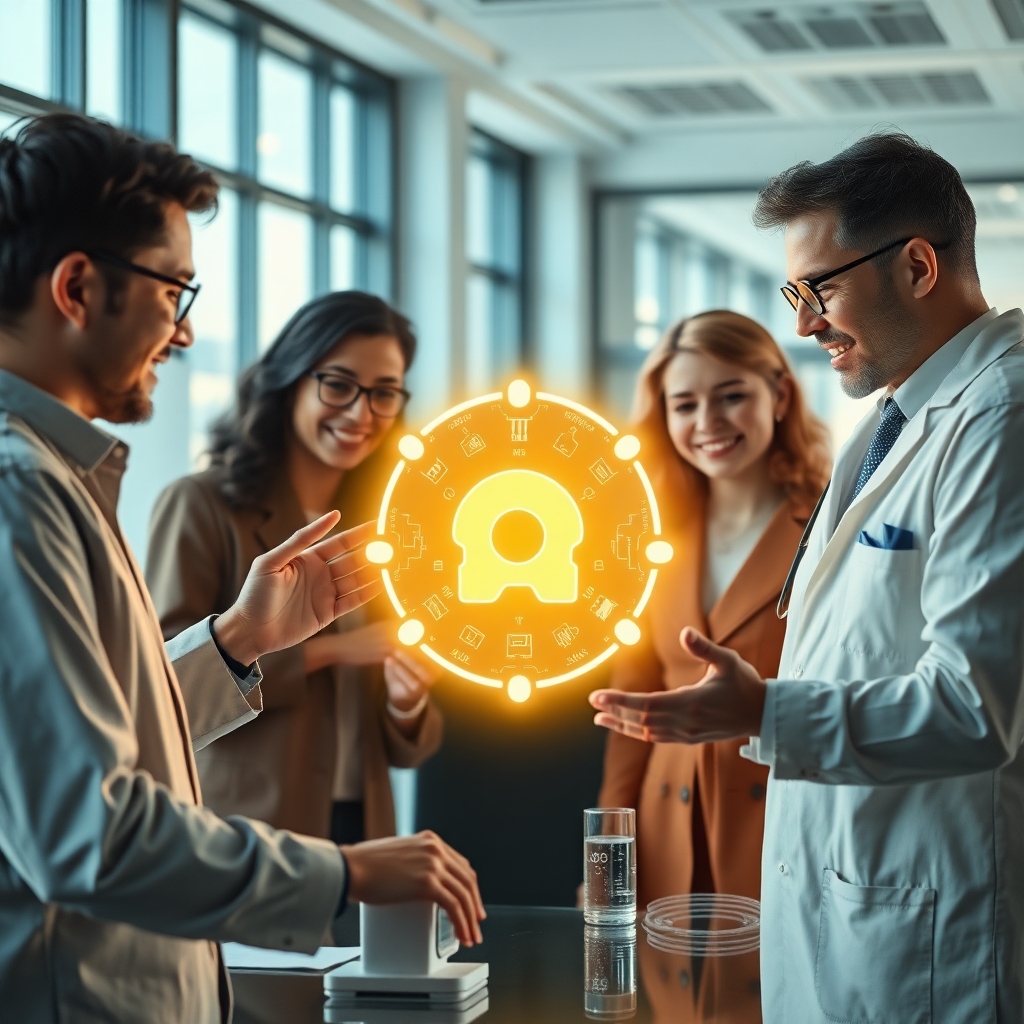 rise - A diverse group of people from different professions (artist, scientist, marketer) interacting collaboratively with a