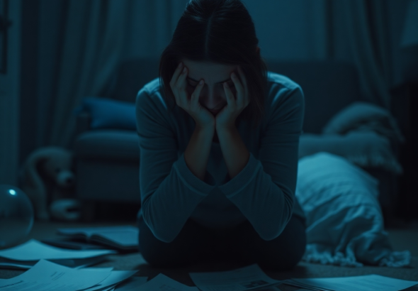 A solitary woman (30F) sits in a dimly lit room, head in hands, surrounded by scattered financial documents and a blurred photo of a family. The mood is somber and reflective, with cool blue and grey tones dominating, hinting at a profound shock and betrayal. Soft, indirect light emphasizes her isolation and the weight of her discovery. The environment suggests a home setting, but with an atmosphere of distress and uncertainty. The image should convey the emotional impact of a secret family discovery, capturing the feeling of a world turned upside down at 30f.