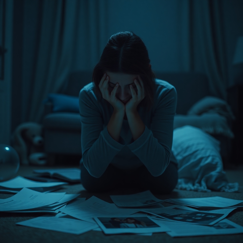 A solitary woman (30F) sits in a dimly lit room, head in hands, surrounded by scattered financial documents and a blurred photo of a family. The mood is somber and reflective, with cool blue and grey tones dominating, hinting at a profound shock and betrayal. Soft, indirect light emphasizes her isolation and the weight of her discovery. The environment suggests a home setting, but with an atmosphere of distress and uncertainty. The image should convey the emotional impact of a secret family discovery, capturing the feeling of a world turned upside down at 30f.