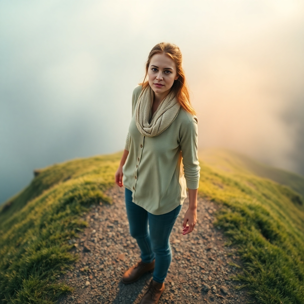 stay - A woman (30F) stands at a crossroads, looking determined but with a hint of vulnerability. She is dressed in practical