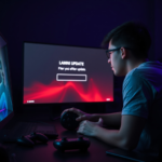 A frustrated gamer looking at a screen displaying an error message after a game update, controller discarded on the desk, dark room with ambient RGB lighting, cinematic, ultra realistic, highly detailed, 8k quality, photorealistic