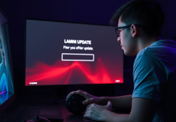 A frustrated gamer looking at a screen displaying an error message after a game update, controller discarded on the desk, dark room with ambient RGB lighting, cinematic, ultra realistic, highly detailed, 8k quality, photorealistic