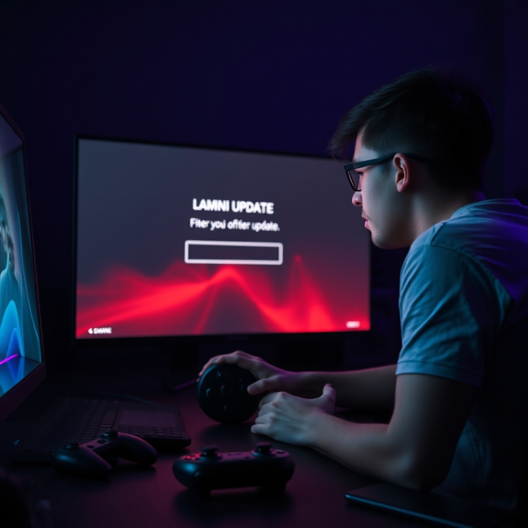A frustrated gamer looking at a screen displaying an error message after a game update, controller discarded on the desk, dark room with ambient RGB lighting, cinematic, ultra realistic, highly detailed, 8k quality, photorealistic