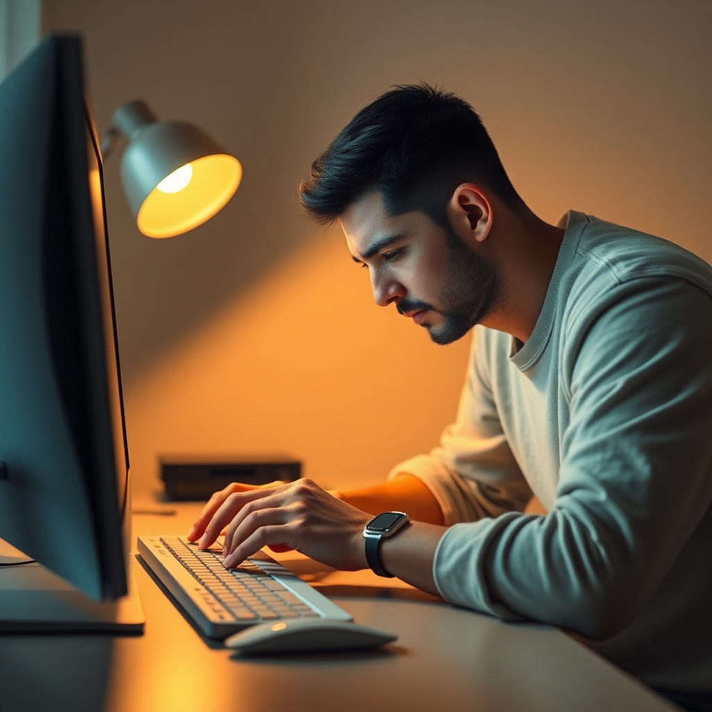 urgent - A person meticulously filling out an online refund request form on a computer, focused expression, detailed UI eleme