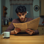 A person sitting alone at a kitchen table, looking conflicted and stressed, holding a bank statement. The room is softly lit, indicating a late hour, with a half-empty coffee cup beside them. The mood is contemplative and burdened, with warm, muted colors, realistic, highly detailed, 8k quality, photorealistic