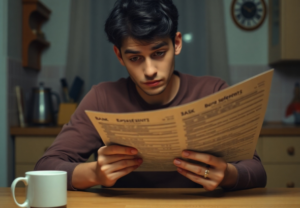 A person sitting alone at a kitchen table, looking conflicted and stressed, holding a bank statement. The room is softly lit, indicating a late hour, with a half-empty coffee cup beside them. The mood is contemplative and burdened, with warm, muted colors, realistic, highly detailed, 8k quality, photorealistic