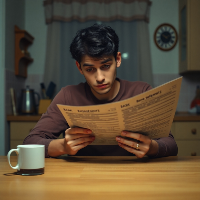 A person sitting alone at a kitchen table, looking conflicted and stressed, holding a bank statement. The room is softly lit, indicating a late hour, with a half-empty coffee cup beside them. The mood is contemplative and burdened, with warm, muted colors, realistic, highly detailed, 8k quality, photorealistic