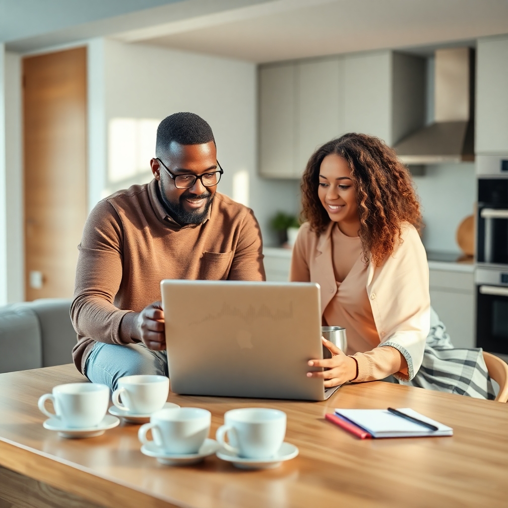 aita - A diverse couple sitting at a modern kitchen island, looking at a laptop with financial charts, engaged in a serious b