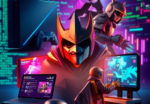 A vibrant collage of different video game elements: a sleek gaming console, a character from a fantasy RPG, a competitive esports scene, and a mobile gaming interface, all set against a backdrop of digital code and glowing neon lights, representing the diverse and dynamic gaming industry, cinematic, highly detailed, 8k quality, photorealistic