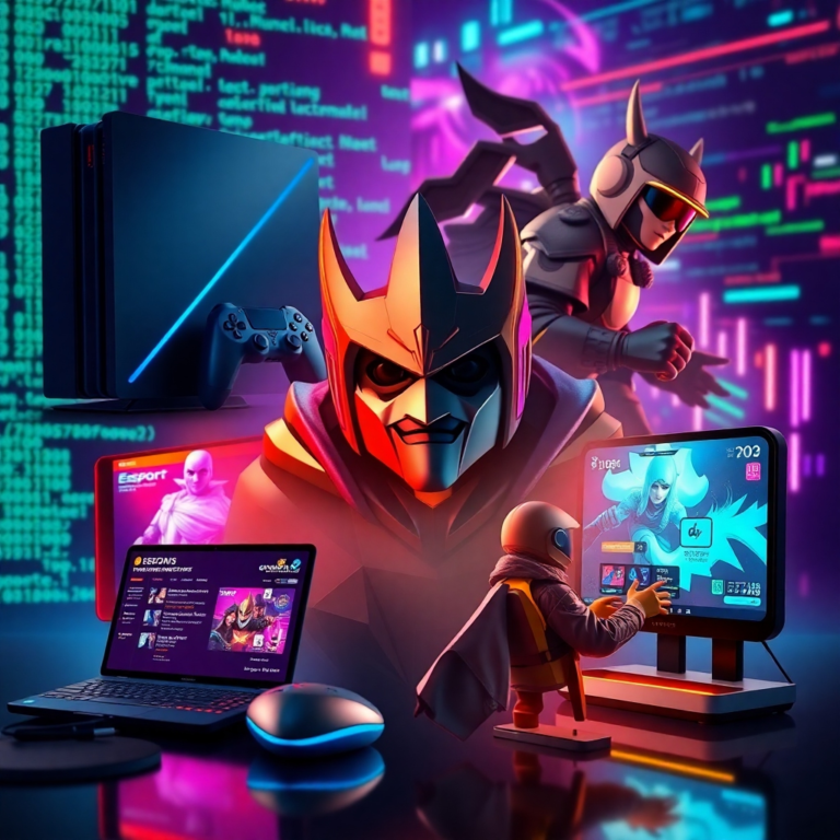 A vibrant collage of different video game elements: a sleek gaming console, a character from a fantasy RPG, a competitive esports scene, and a mobile gaming interface, all set against a backdrop of digital code and glowing neon lights, representing the diverse and dynamic gaming industry, cinematic, highly detailed, 8k quality, photorealistic