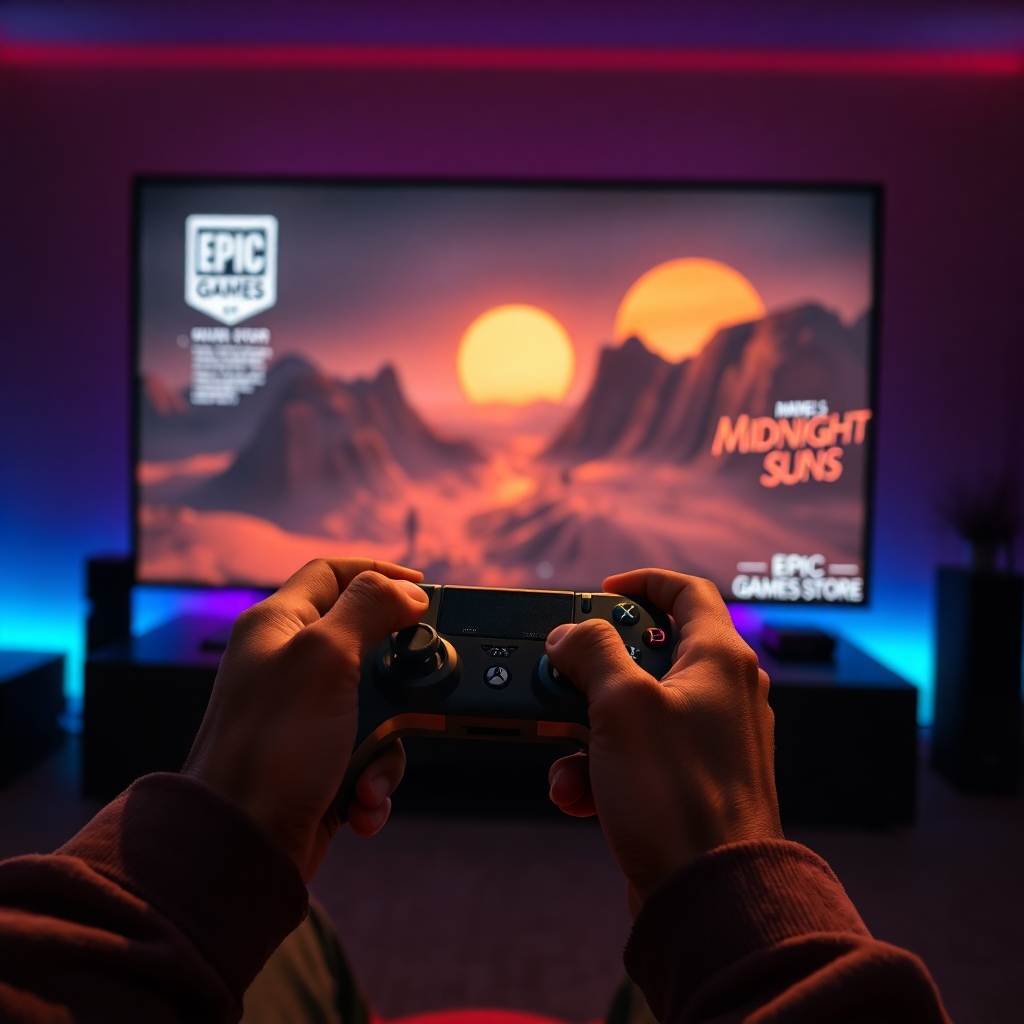 power - A person's hands holding a gaming controller, immersed in playing 'Marvel's Midnight Suns' on a large monitor, with t