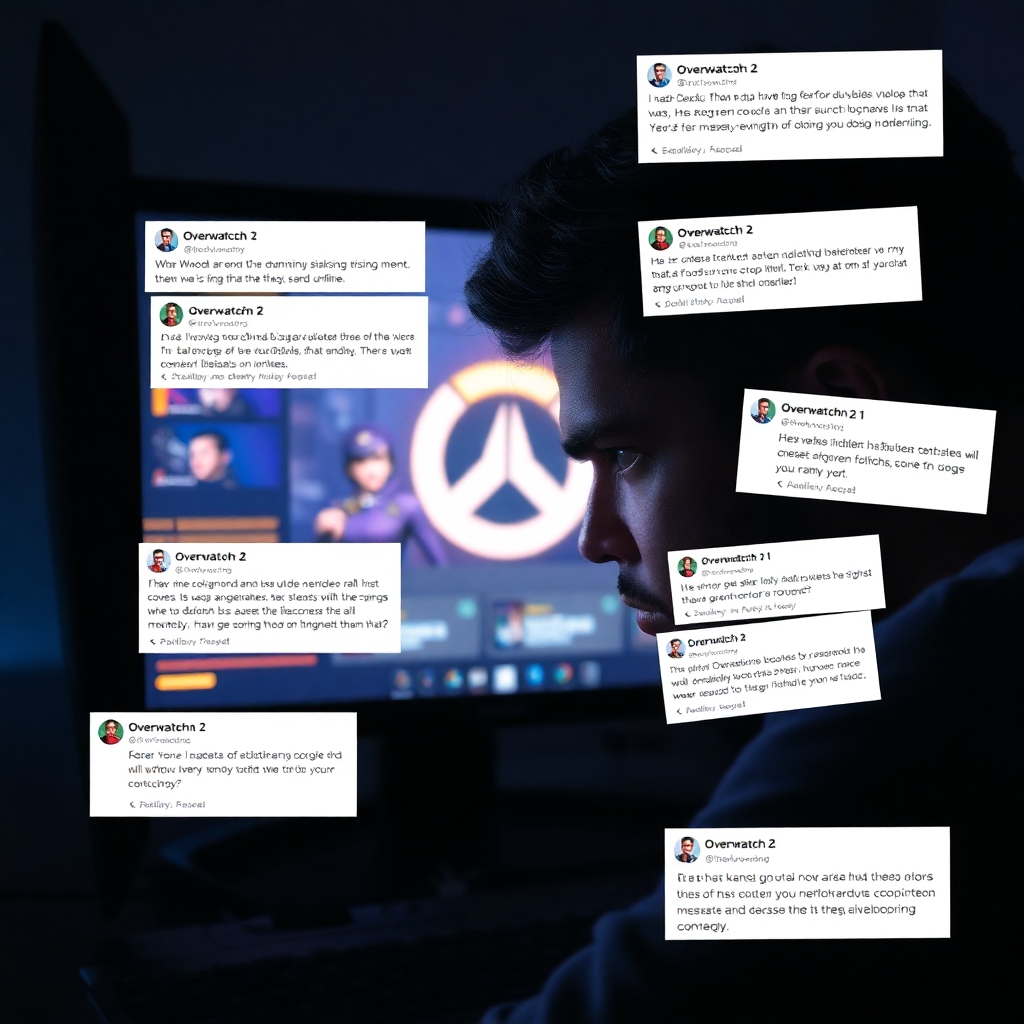 power - A frustrated gamer looking intensely at a computer screen displaying 'Overwatch 2' gameplay with a UI element highlig