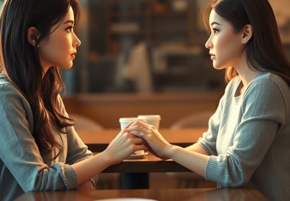 A woman sitting across from her best friend at a cozy coffee shop, both with serious yet empathetic expressions, hands clasped on the table, a unique engagement ring visible on one friend's finger, warm natural light, soft focus background, cinematic atmosphere, ultra realistic, highly detailed, 8k quality, photorealistic