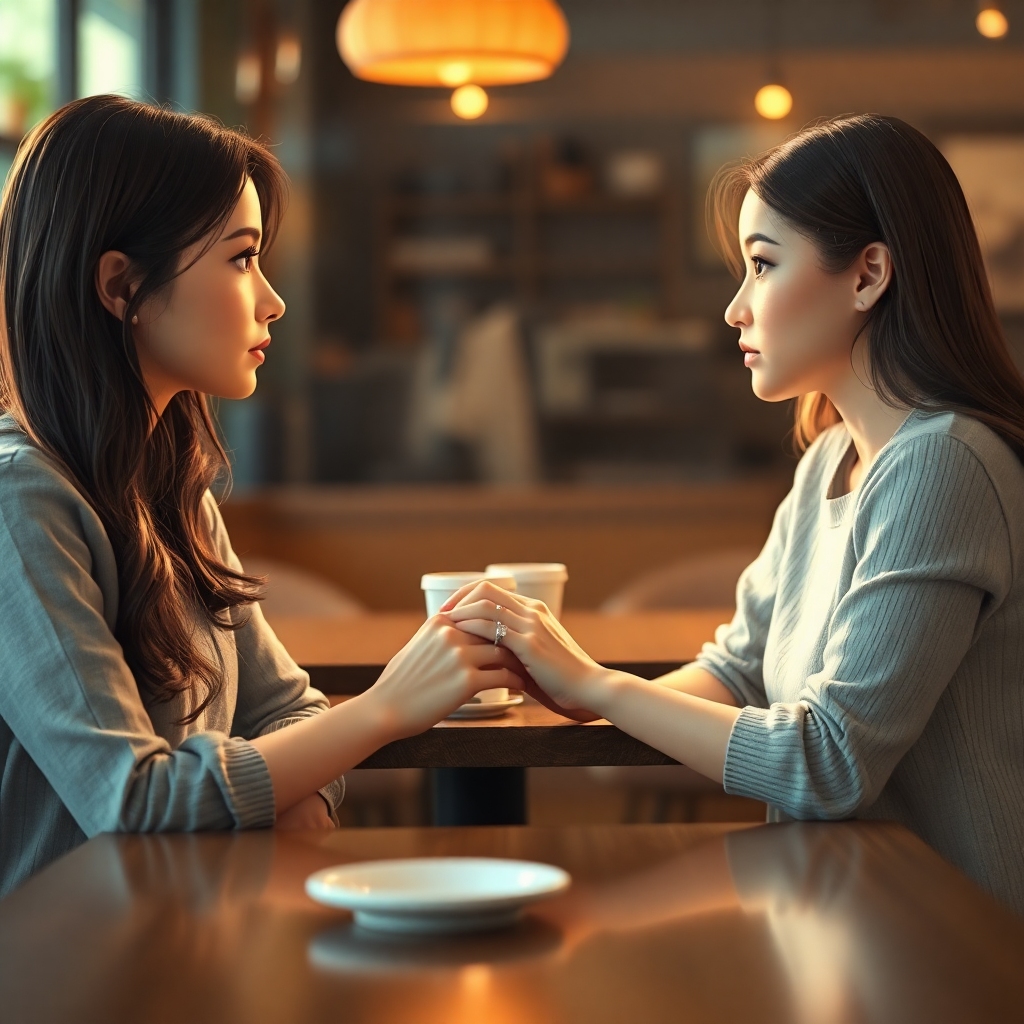 A woman sitting across from her best friend at a cozy coffee shop, both with serious yet empathetic expressions, hands clasped on the table, a unique engagement ring visible on one friend's finger, warm natural light, soft focus background, cinematic atmosphere, ultra realistic, highly detailed, 8k quality, photorealistic