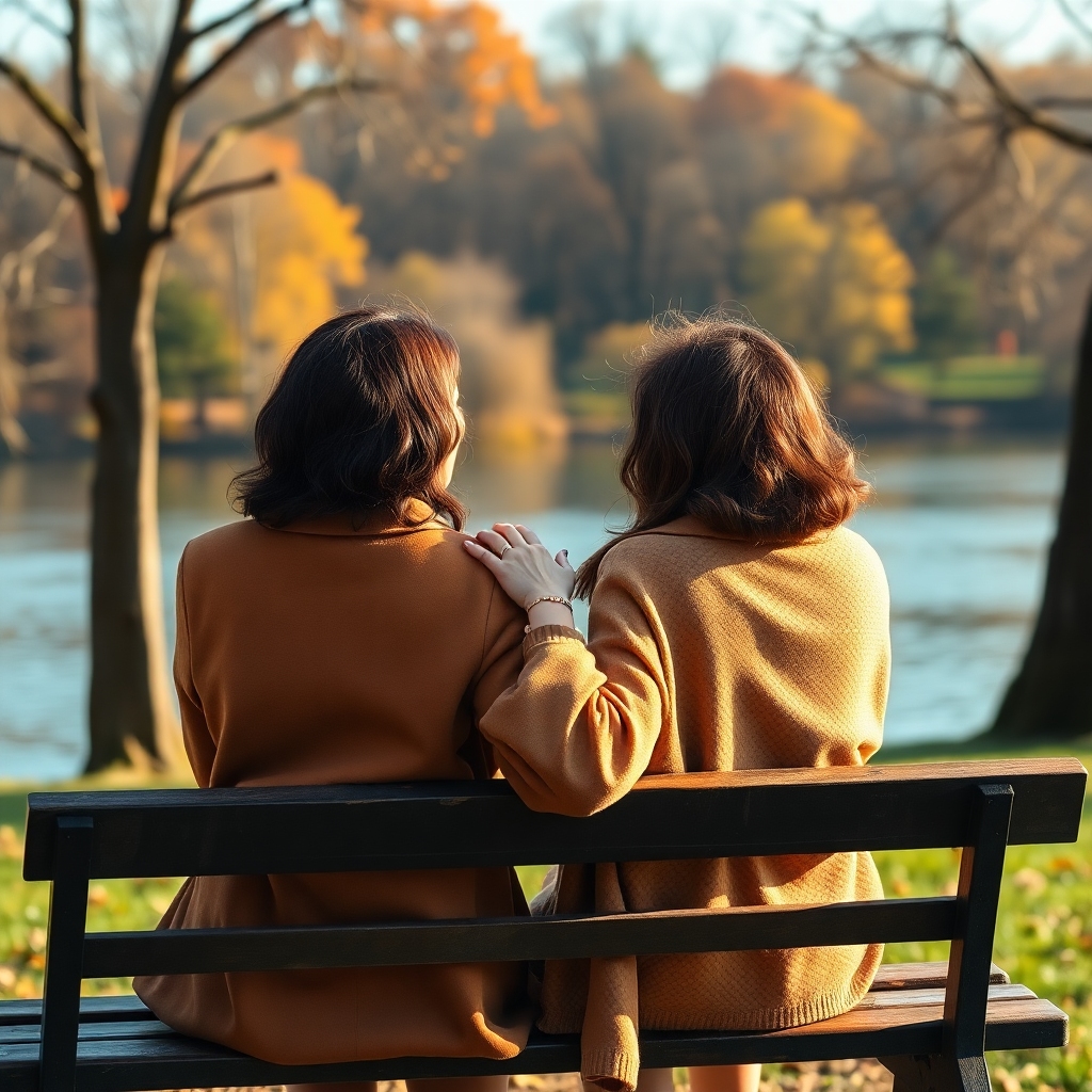 Two women, who are best friends, sharing a thoughtful moment on a park bench, looking out at a serene lake, one gently placin