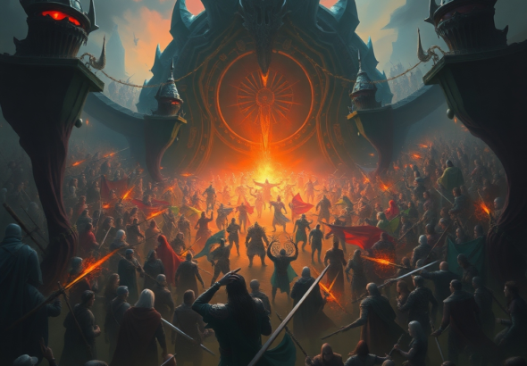 A chaotic but exhilarating scene of thousands of Tarnished characters congregating at the entrance to the 'Land of Shadow' in Elden Ring, digital art, epic fantasy, dark fantasy, highly detailed, vibrant colors, atmospheric lighting, sense of scale and anticipation, Elden Ring Shadow launch day