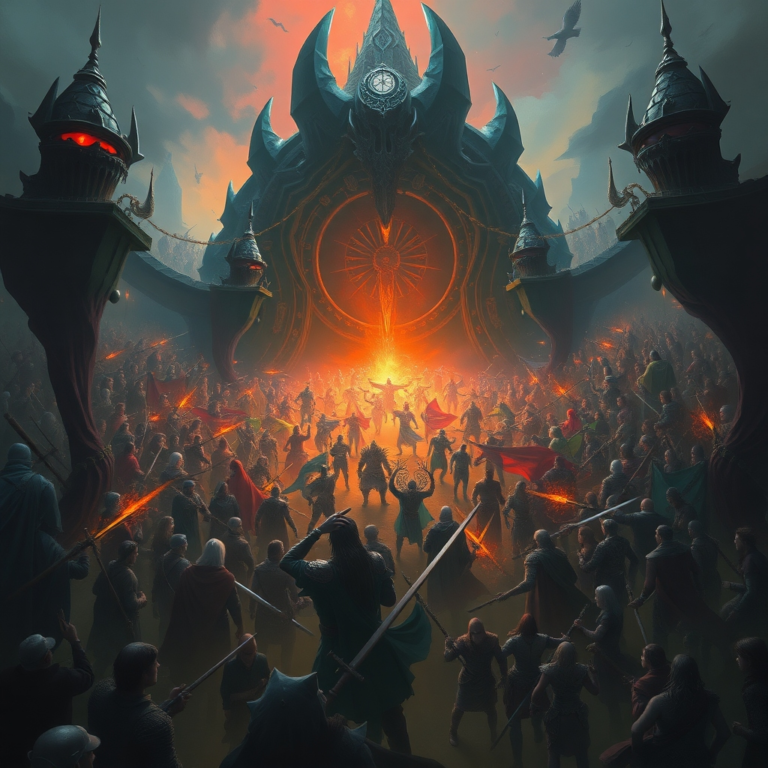 A chaotic but exhilarating scene of thousands of Tarnished characters congregating at the entrance to the 'Land of Shadow' in Elden Ring, digital art, epic fantasy, dark fantasy, highly detailed, vibrant colors, atmospheric lighting, sense of scale and anticipation, Elden Ring Shadow launch day