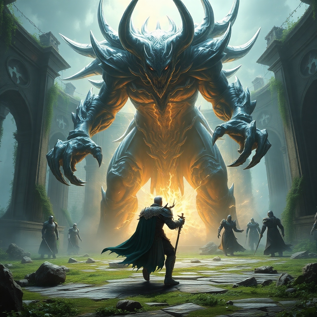 A majestic and challenging boss battle from Elden Ring Shadow of the Erdtree, a player character in full armor clashing with
