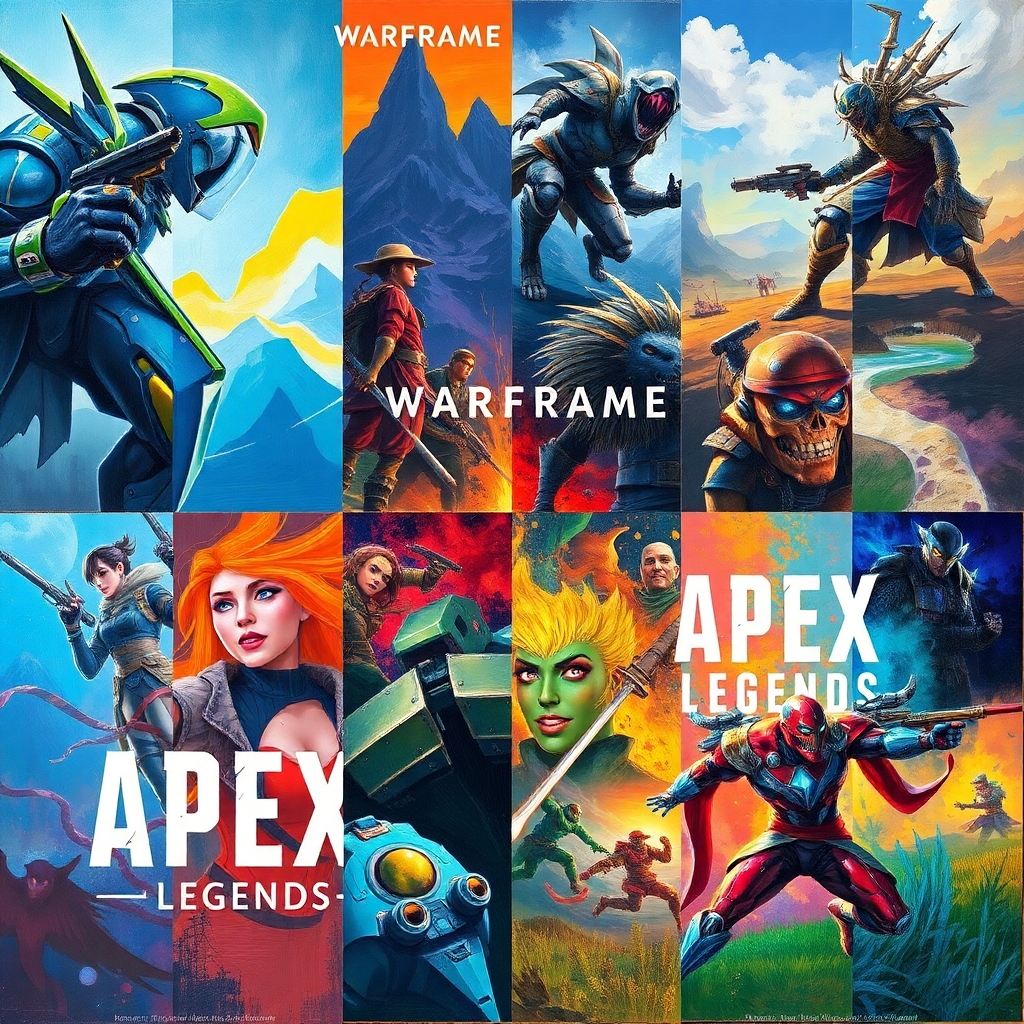 elden - A vibrant collage of different free Steam games, showcasing diverse genres like a sci-fi shooter (Warframe), a dark f