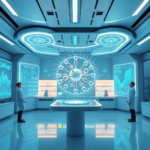 futuristic laboratory with holographic displays showing complex data visualizations, a sleek AI interface projecting a 3D model of a molecule, researchers in lab coats observing, soft blue and white lighting, high-tech, Google DeepMind branding subtly integrated, ultra realistic, highly detailed, 8k quality, photorealistic