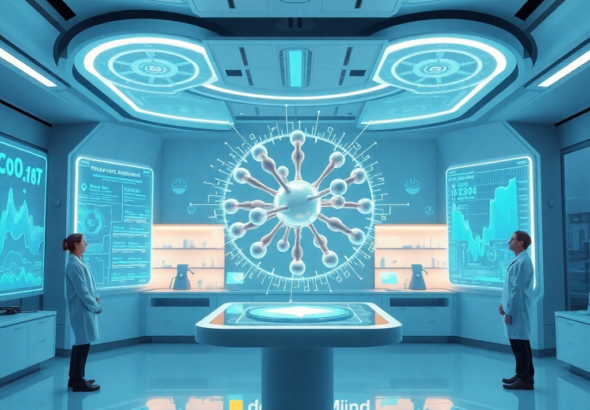 futuristic laboratory with holographic displays showing complex data visualizations, a sleek AI interface projecting a 3D model of a molecule, researchers in lab coats observing, soft blue and white lighting, high-tech, Google DeepMind branding subtly integrated, ultra realistic, highly detailed, 8k quality, photorealistic