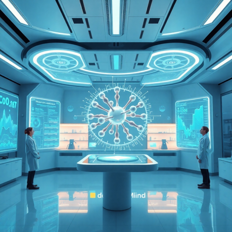futuristic laboratory with holographic displays showing complex data visualizations, a sleek AI interface projecting a 3D model of a molecule, researchers in lab coats observing, soft blue and white lighting, high-tech, Google DeepMind branding subtly integrated, ultra realistic, highly detailed, 8k quality, photorealistic