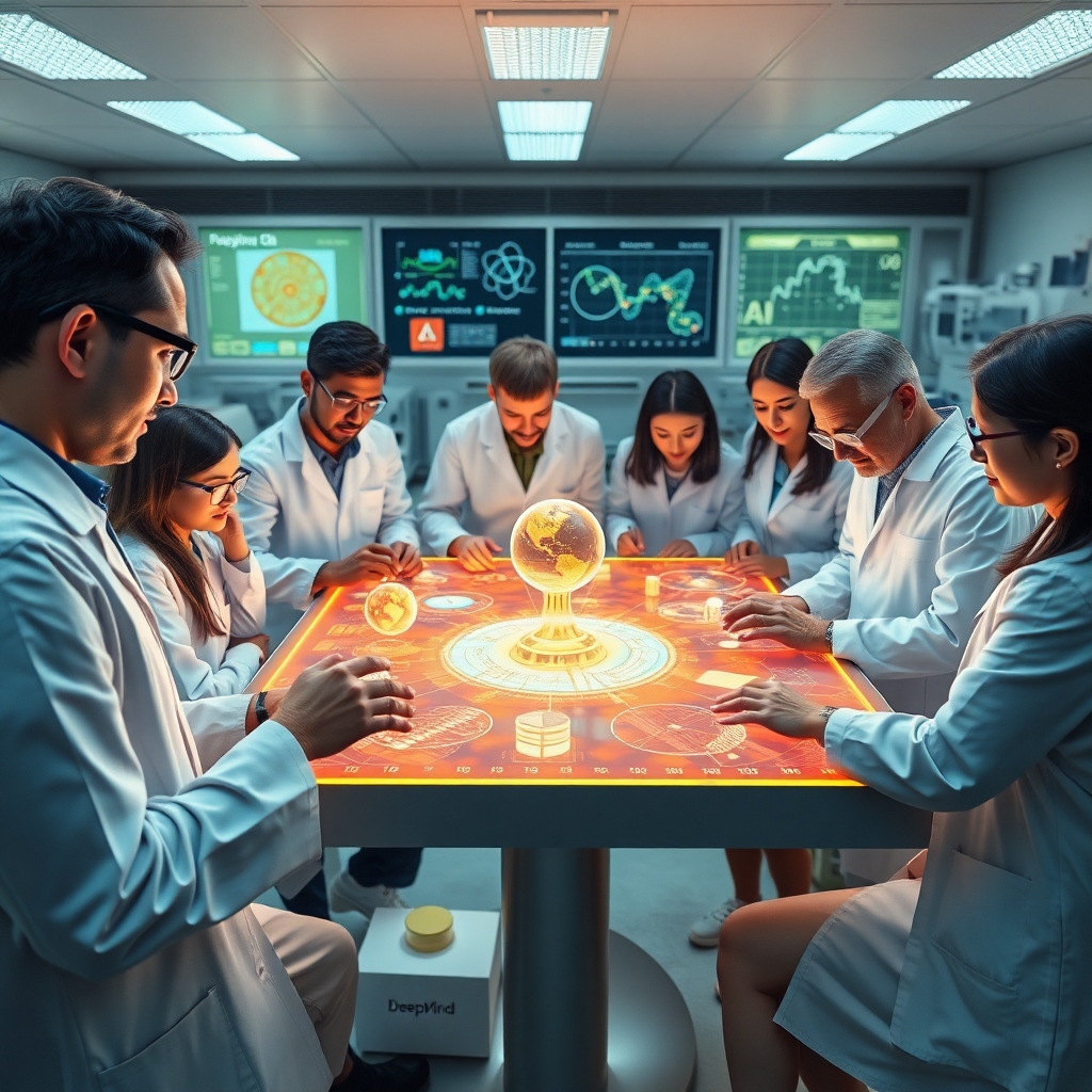 unlock - diverse group of scientists from various disciplines collaborating around a large interactive holographic table disp