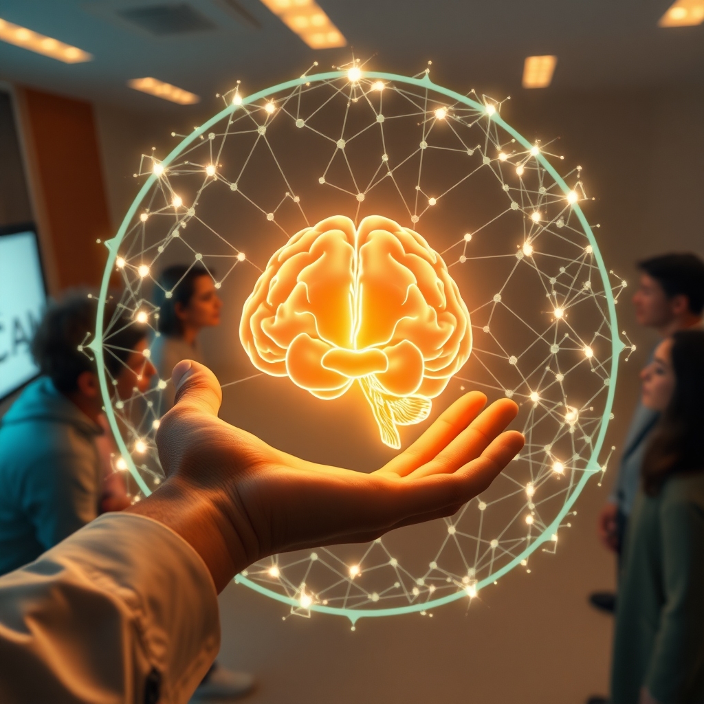 unlock - conceptual image of an ethical AI framework, glowing neural network lines forming a protective shield around scienti
