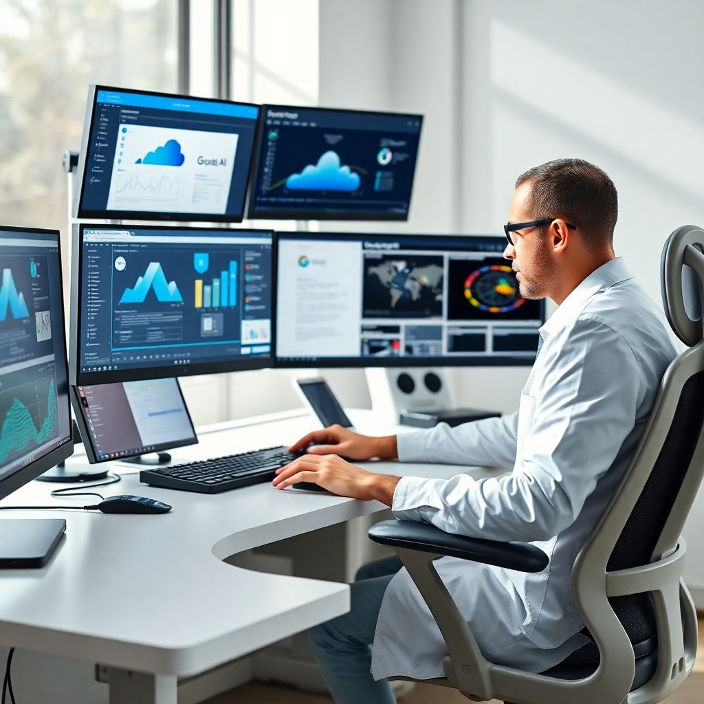 unlock - researcher at a workstation, multiple screens displaying Google Cloud dashboards, Atlas AI interface, and scientific