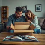 a distraught man looking at an empty cardboard box with a distressed woman comforting him, an open photo album on a coffee table in a softly lit living room, warm and muted colors, cinematic, emotional, realistic, 8k