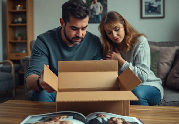 a distraught man looking at an empty cardboard box with a distressed woman comforting him, an open photo album on a coffee table in a softly lit living room, warm and muted colors, cinematic, emotional, realistic, 8k