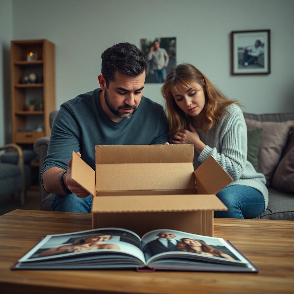 a distraught man looking at an empty cardboard box with a distressed woman comforting him, an open photo album on a coffee table in a softly lit living room, warm and muted colors, cinematic, emotional, realistic, 8k