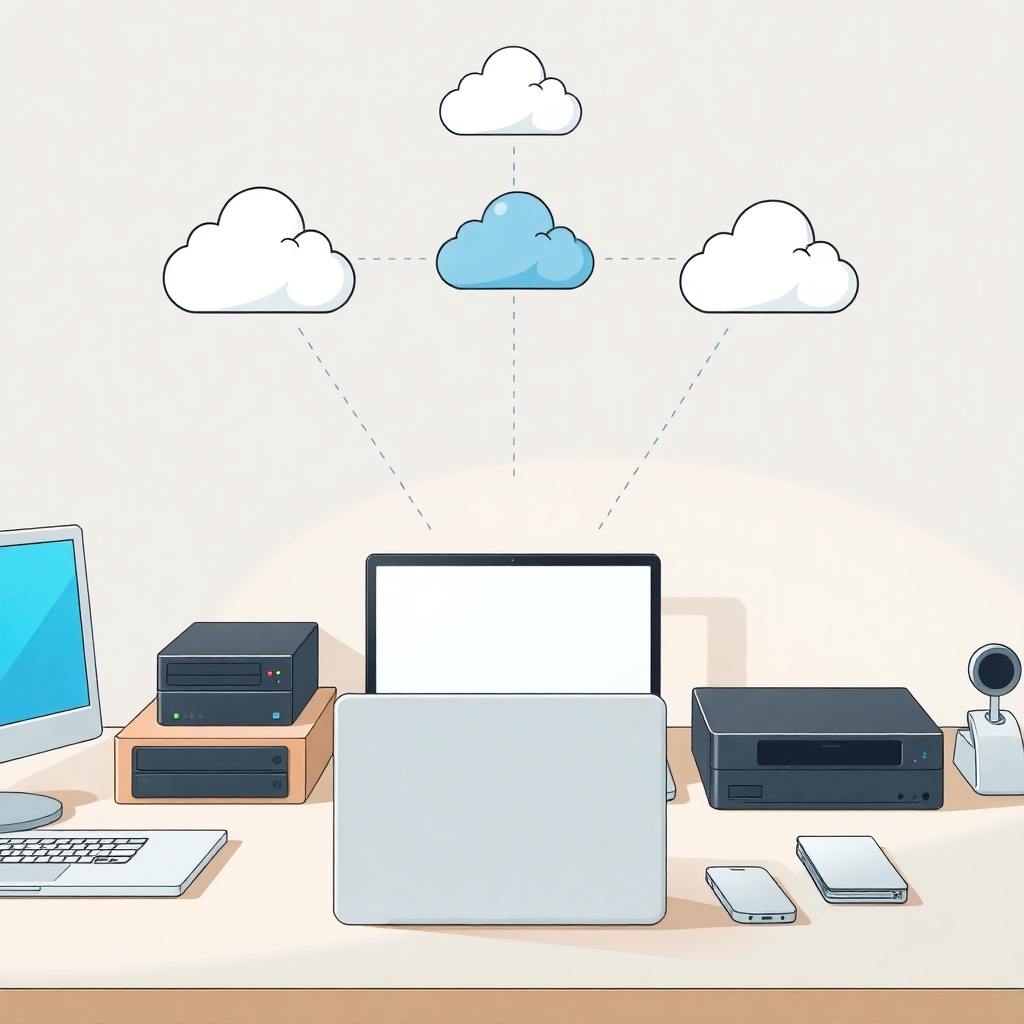 accidentally - a person setting up multiple backup solutions on a desk with a laptop, external hard drives, and cloud icons f