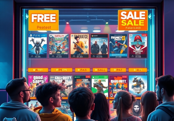 A vibrant digital storefront display showing various video game covers, some highlighted with 'FREE' banners and 'SALE' tags, with a diverse group of happy gamers looking at the screen in an abstract, futuristic setting, bright neon lights, detailed UI elements, 8k quality, digital art