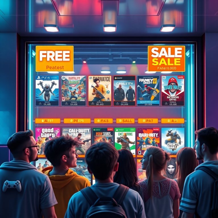 A vibrant digital storefront display showing various video game covers, some highlighted with 'FREE' banners and 'SALE' tags, with a diverse group of happy gamers looking at the screen in an abstract, futuristic setting, bright neon lights, detailed UI elements, 8k quality, digital art