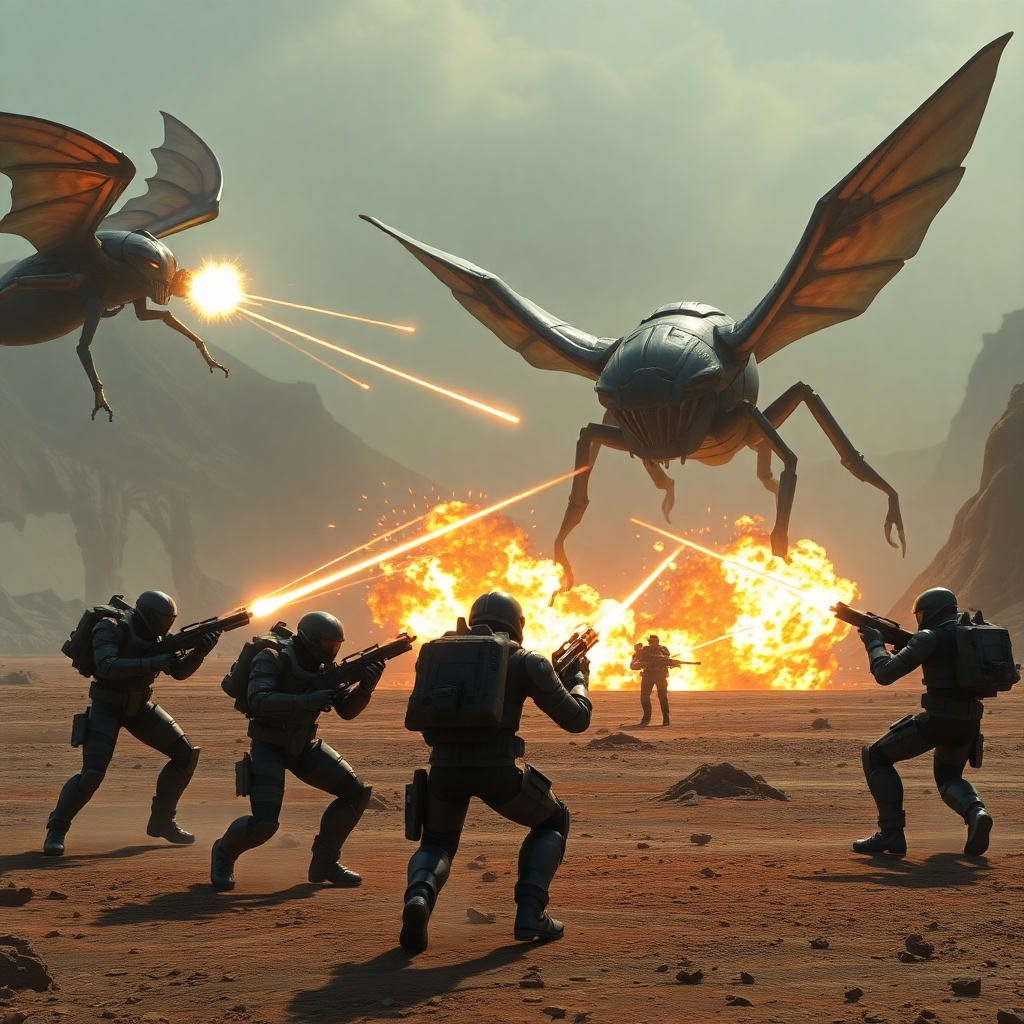 epic - A group of four Helldivers 2 soldiers in futuristic armor engaging giant alien bugs on a desolate, war-torn planet, la