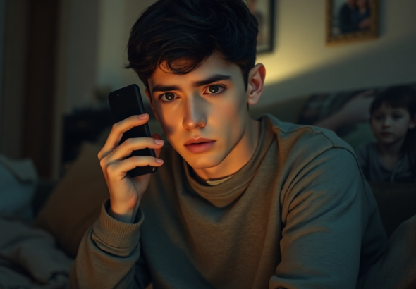A young adult, looking pale and weary, holding a smartphone to their ear with a worried expression, sitting slumped on a sofa in a dimly lit living room. The room has a slightly disheveled but cozy feel, with family photos in the background, conveying a sense of emotional turmoil and the weight of a secret. Soft, warm lighting, cinematic, ultra realistic, highly detailed, 8k quality, photorealistic