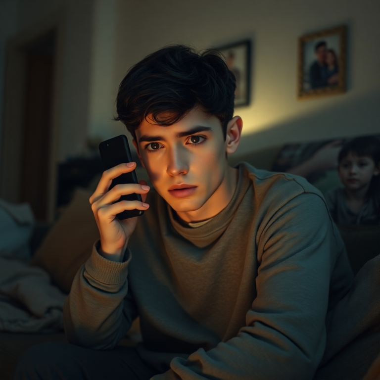 A young adult, looking pale and weary, holding a smartphone to their ear with a worried expression, sitting slumped on a sofa in a dimly lit living room. The room has a slightly disheveled but cozy feel, with family photos in the background, conveying a sense of emotional turmoil and the weight of a secret. Soft, warm lighting, cinematic, ultra realistic, highly detailed, 8k quality, photorealistic