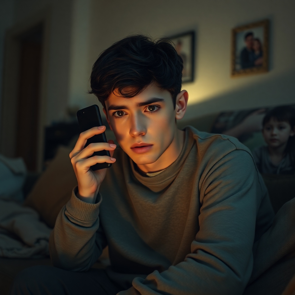 A young adult, looking pale and weary, holding a smartphone to their ear with a worried expression, sitting slumped on a sofa in a dimly lit living room. The room has a slightly disheveled but cozy feel, with family photos in the background, conveying a sense of emotional turmoil and the weight of a secret. Soft, warm lighting, cinematic, ultra realistic, highly detailed, 8k quality, photorealistic