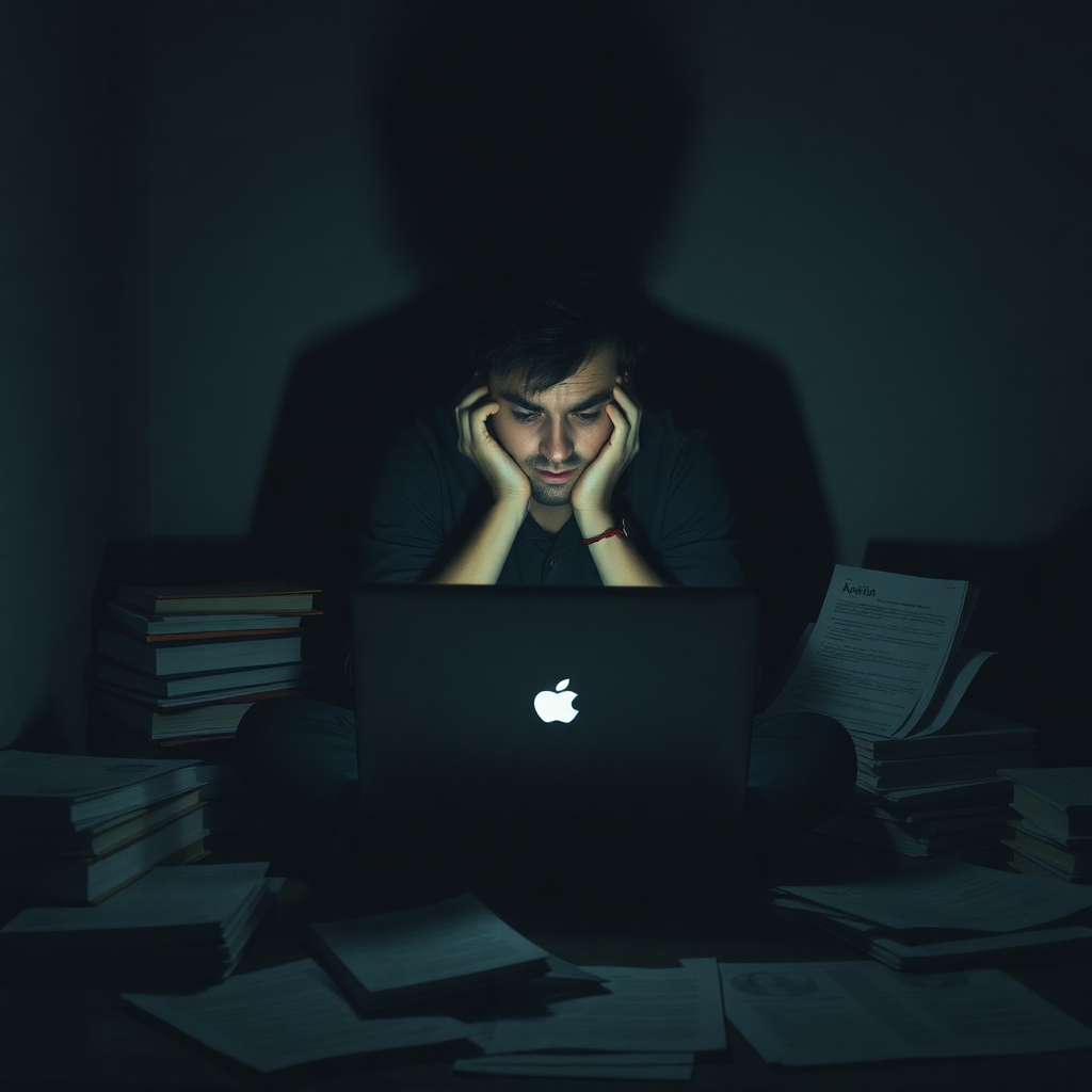 tifu - A solitary figure sits hunched over a laptop in a dimly lit room, surrounded by medical books and research papers, the