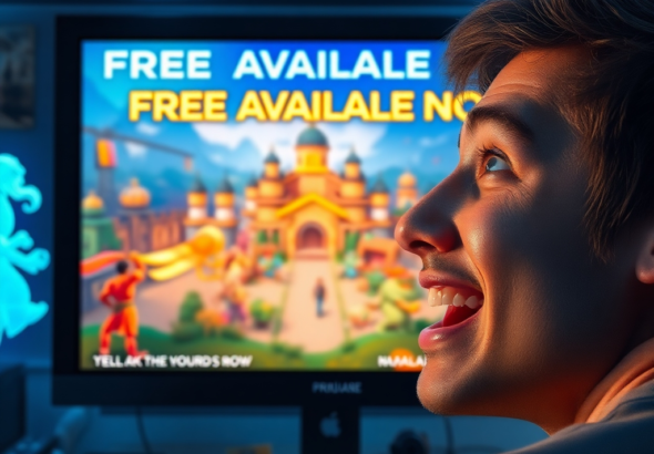 A vibrant digital storefront interface displaying a 'Free Game Available Now' banner for a visually stunning open-world RPG, with game art showing a fantastical city and diverse characters. The screen glows with bright colors, reflecting on a gamer's excited face, ultra realistic, highly detailed, 8k quality, photorealistic, cinematic atmosphere