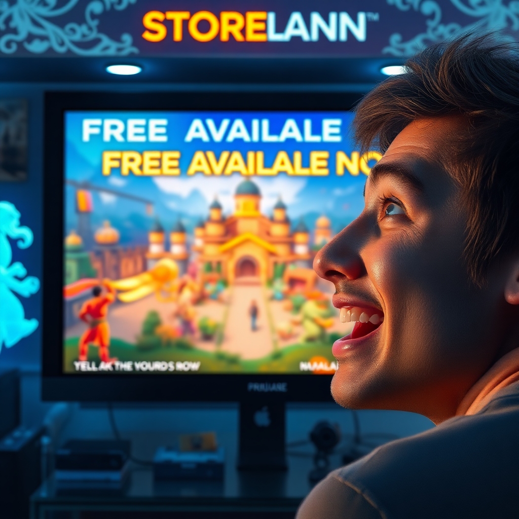A vibrant digital storefront interface displaying a 'Free Game Available Now' banner for a visually stunning open-world RPG, with game art showing a fantastical city and diverse characters. The screen glows with bright colors, reflecting on a gamer's excited face, ultra realistic, highly detailed, 8k quality, photorealistic, cinematic atmosphere