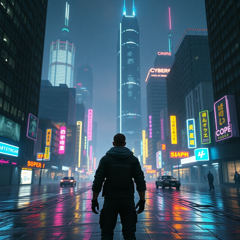 epic - A futuristic cityscape at night, with neon lights reflecting on wet streets, showcasing the detailed graphics of Cyber