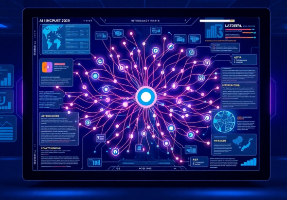 A futuristic, sleek AI interface displaying a complex, flowing neural network diagram with data streams moving in real-time, surrounded by holographic visualizations of contextual information, deep blue and purple color scheme, digital, highly detailed, 8k quality, concept art