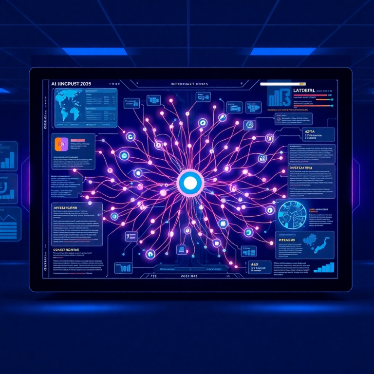 A futuristic, sleek AI interface displaying a complex, flowing neural network diagram with data streams moving in real-time, surrounded by holographic visualizations of contextual information, deep blue and purple color scheme, digital, highly detailed, 8k quality, concept art